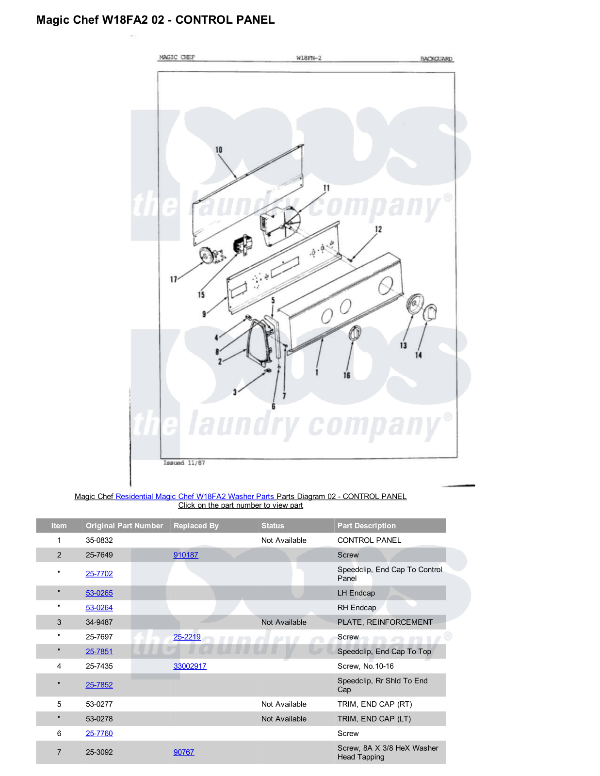 Magic Chef W18FA2 Parts Diagram