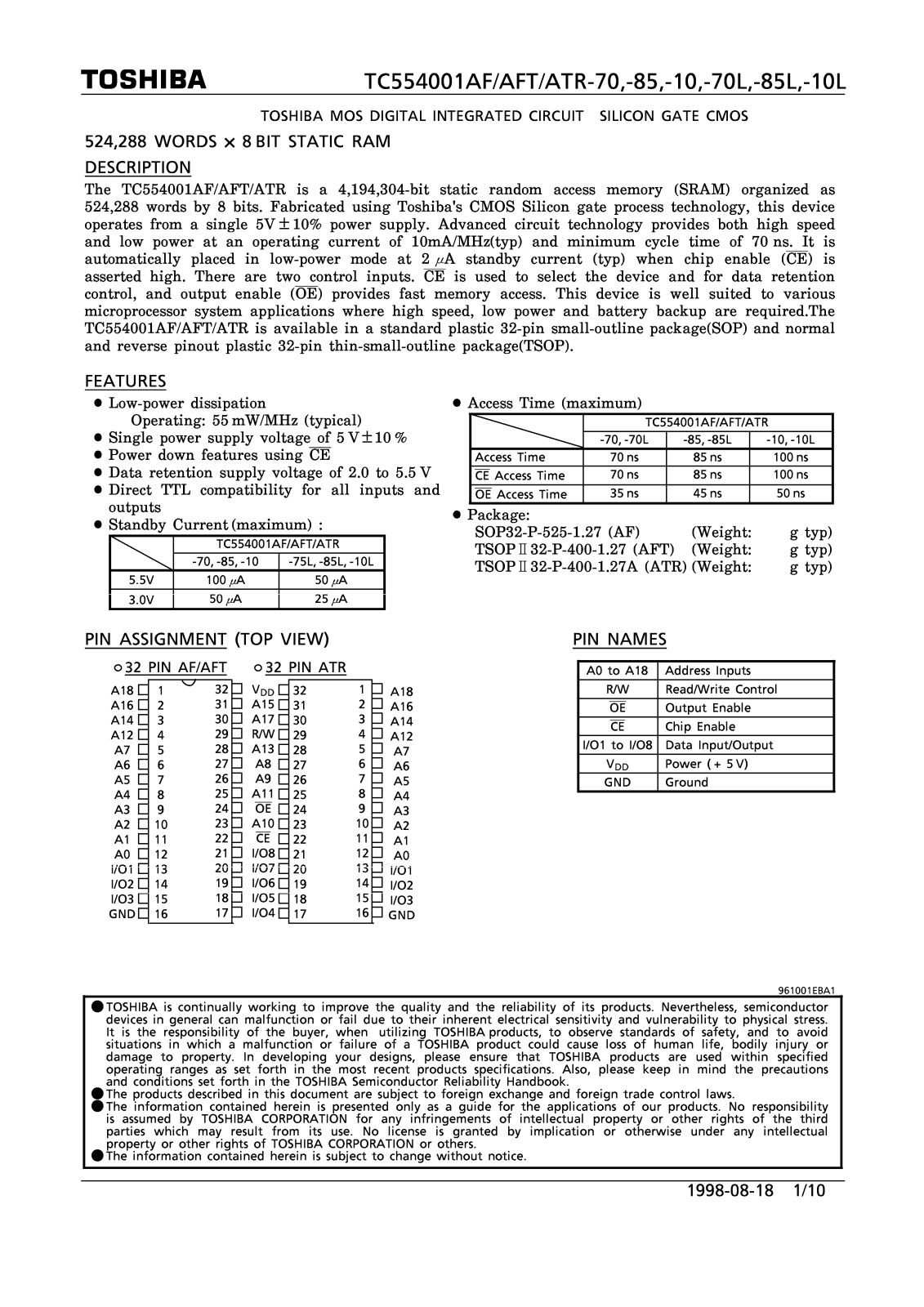 Toshiba TC554001AF-70L, TC554001AF-70, TC554001AF-10 Datasheet