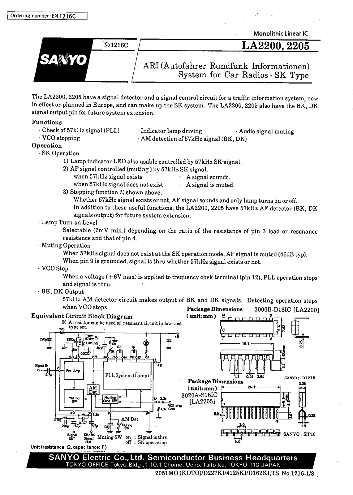 SANYO LA2205, LA2200 Datasheet