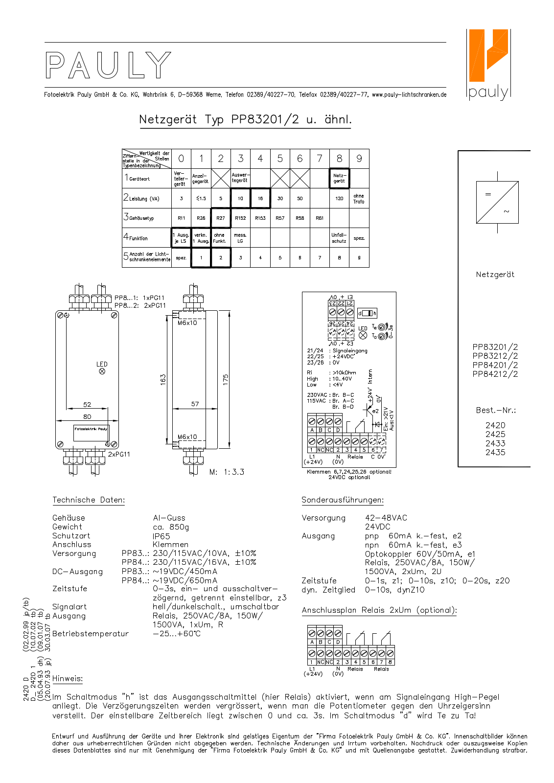 Pauly PP83201-2 technology data