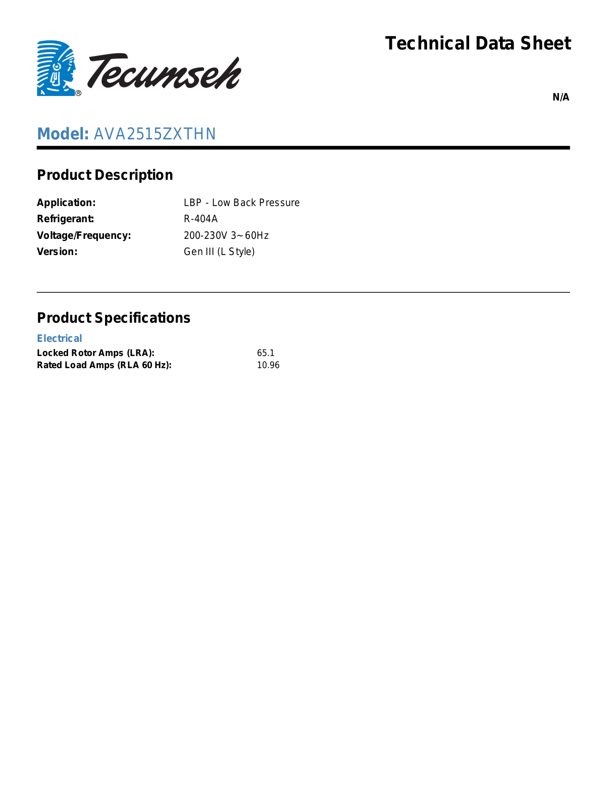 Tecumseh AVA2515ZXTHN Technical Data Sheet