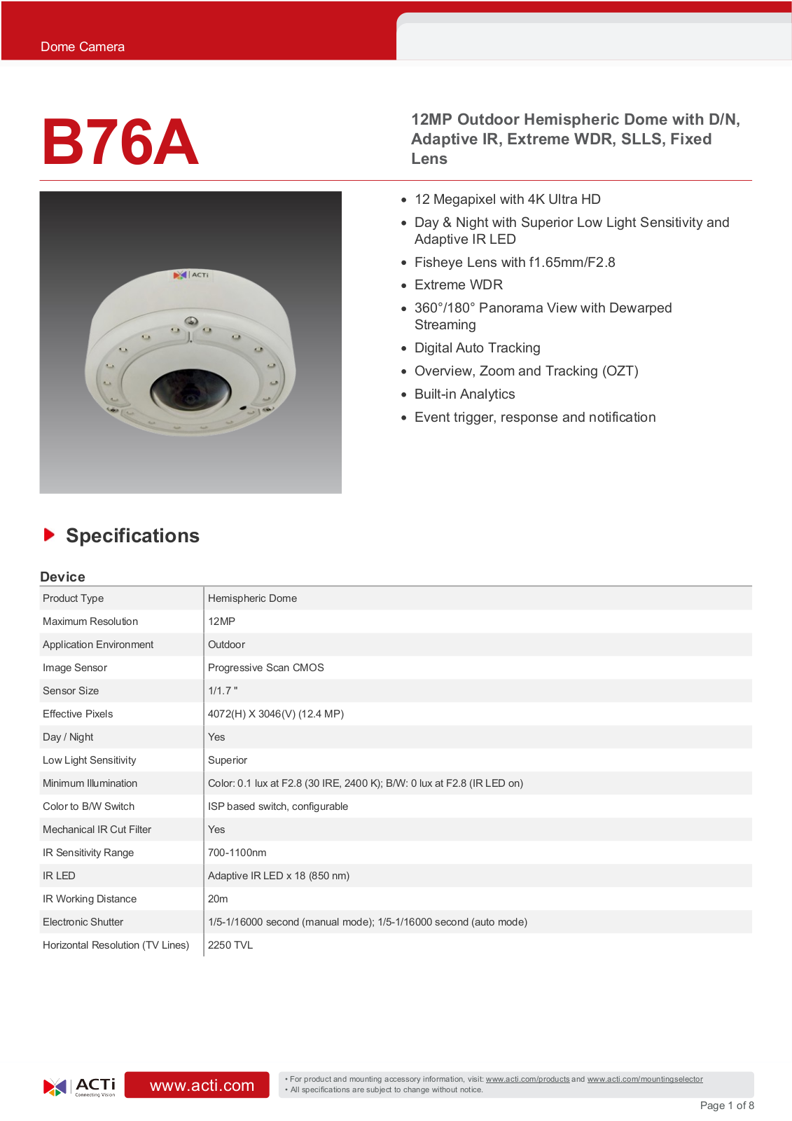 ACTi B76A Specsheet