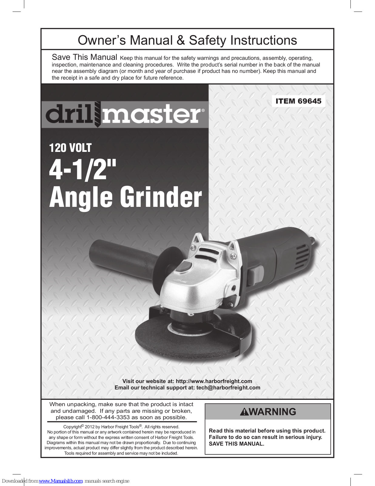 Drill Master 69645 Owner's Manual & Safety Instructions