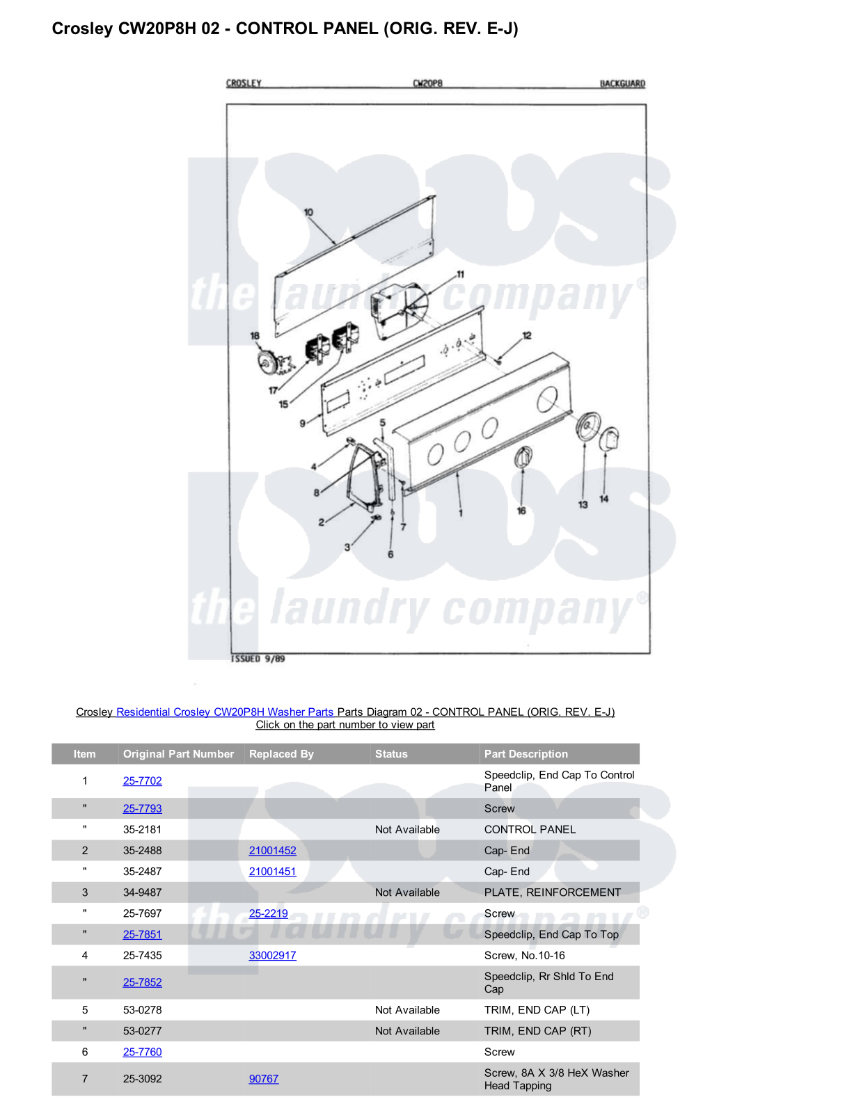 Crosley CW20P8H Parts Diagram