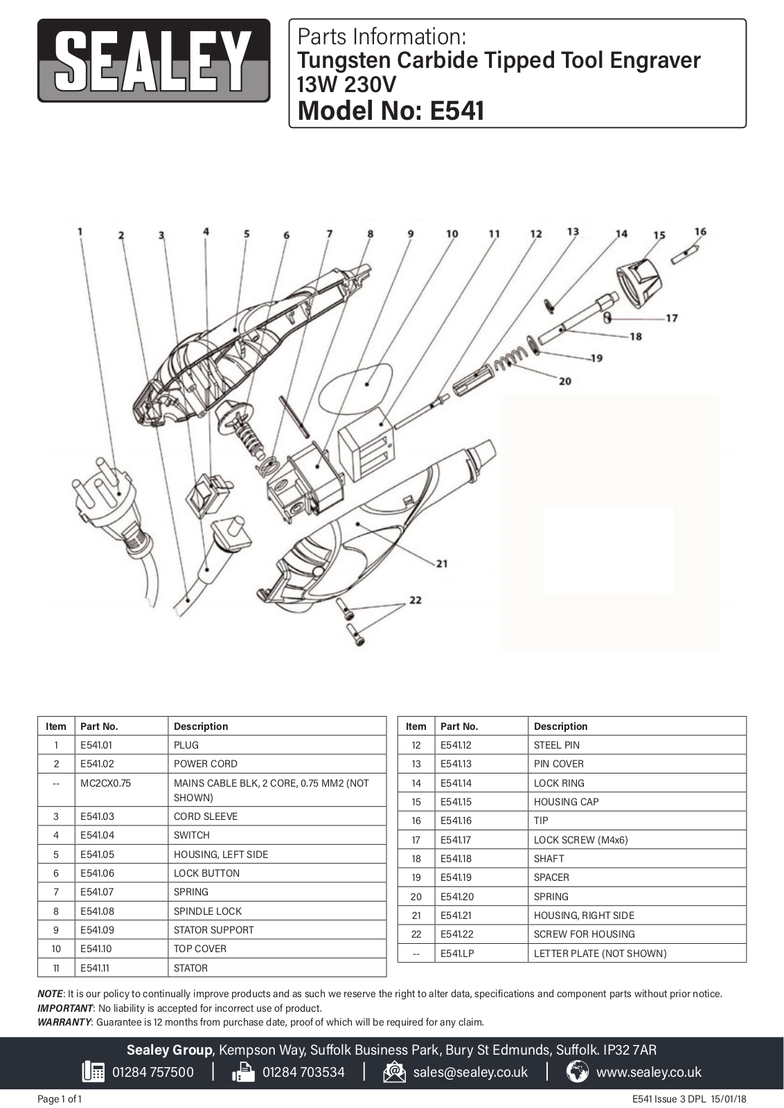 Sealey E541 Parts Listing - ManualMachine.com