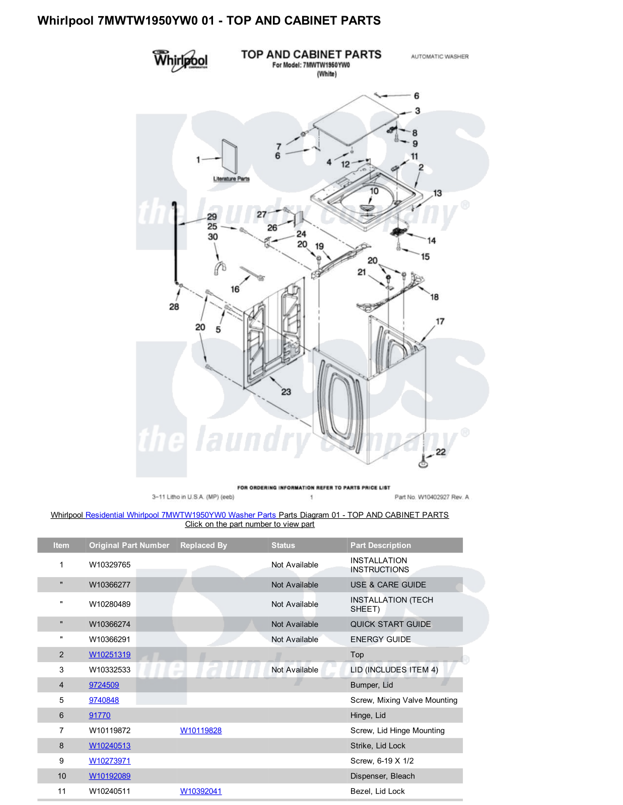 Whirlpool 7MWTW1950YW0 Parts Diagram