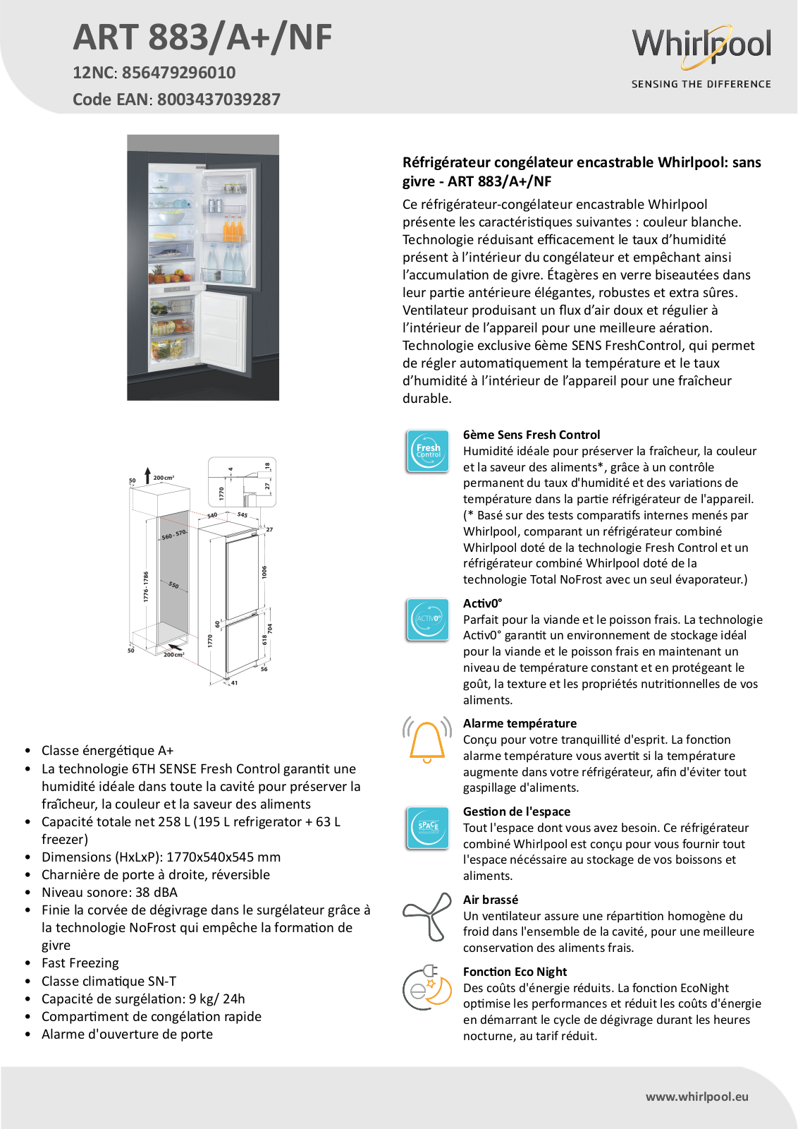 Whirlpool ART 883/A+/NF Product information