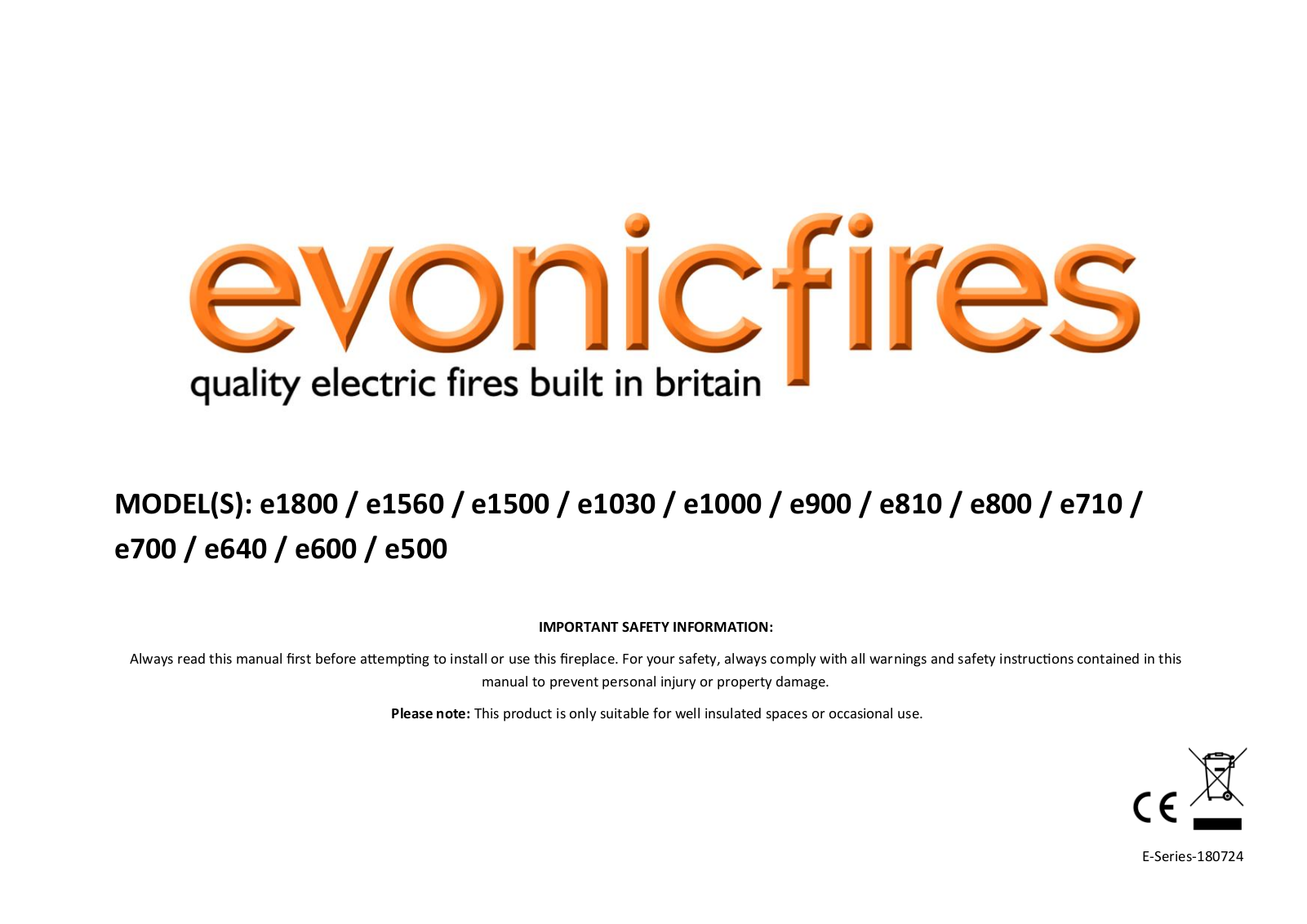 Evonic Fires e1800, e1560, e1500, e1030, e1000 Instructions Manual