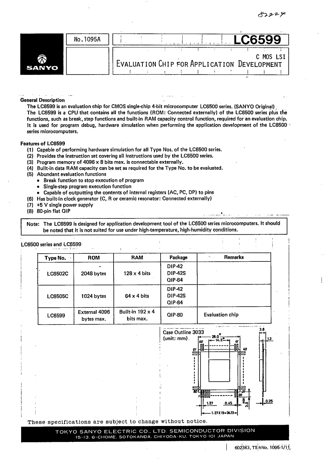 Sanyo LC6599 Specifications