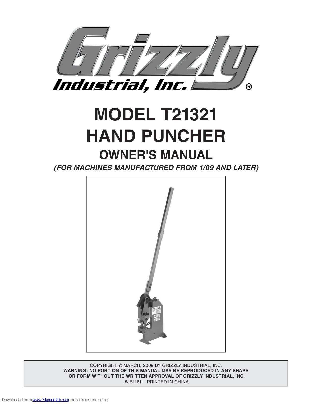 Grizzly Hand Puncher T21321 Owner's Manual