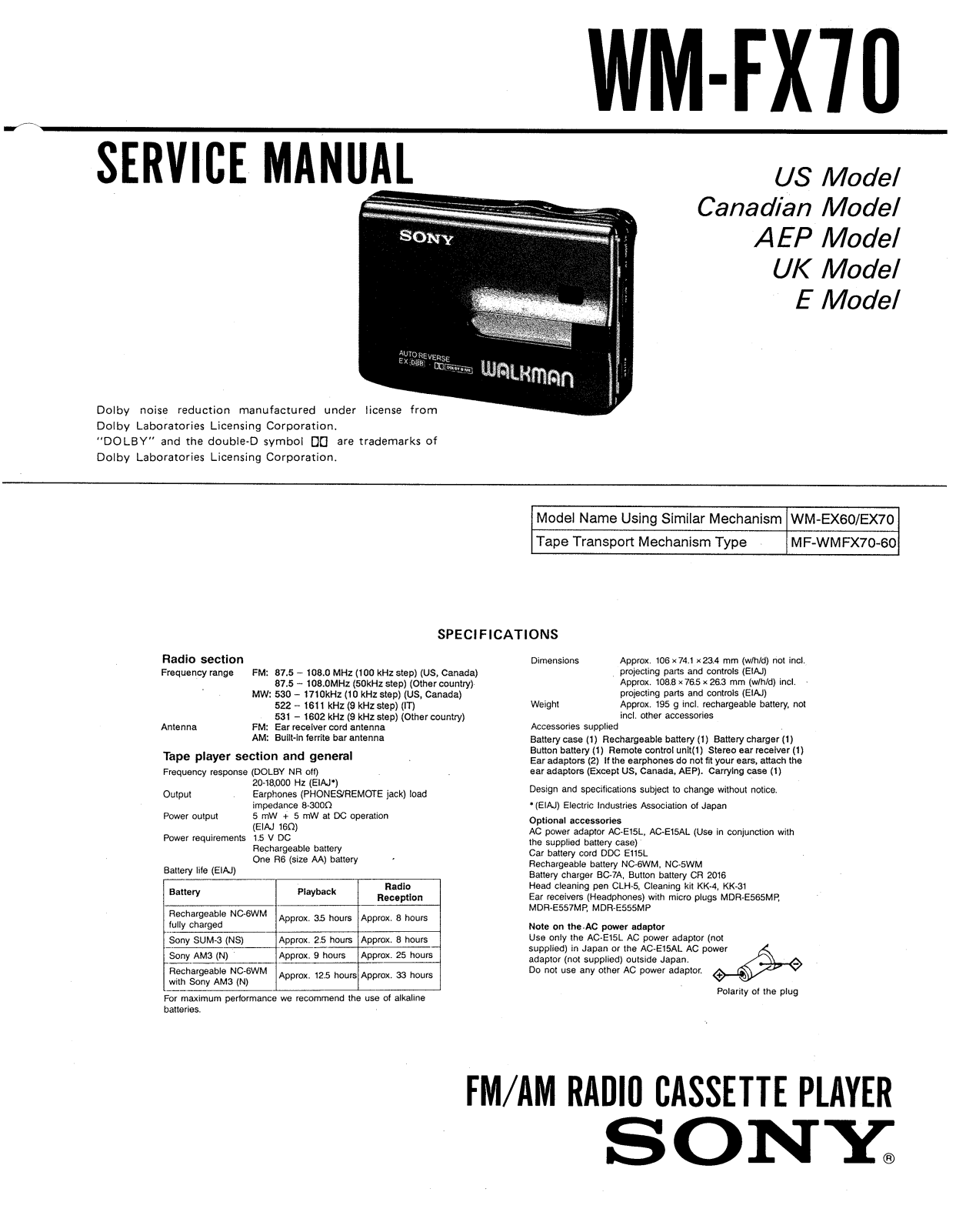 Sony WMFX-70 Service manual