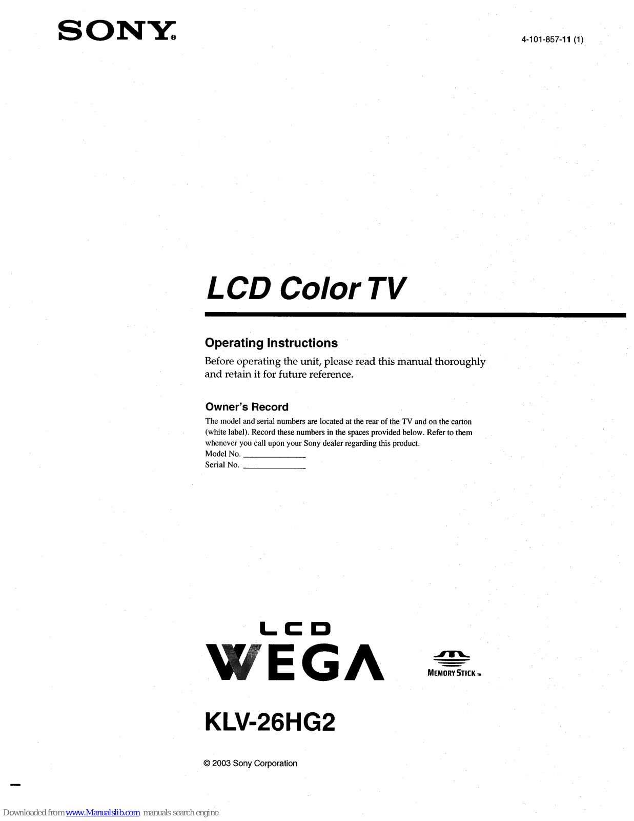 Sony KLV-26HG2 Wega Operating Instructions Manual