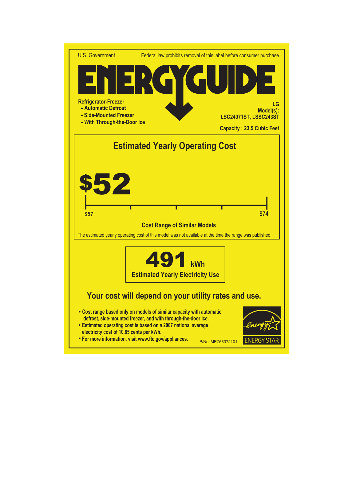 LG LSSC243ST, LSC24971ST Energy Guide