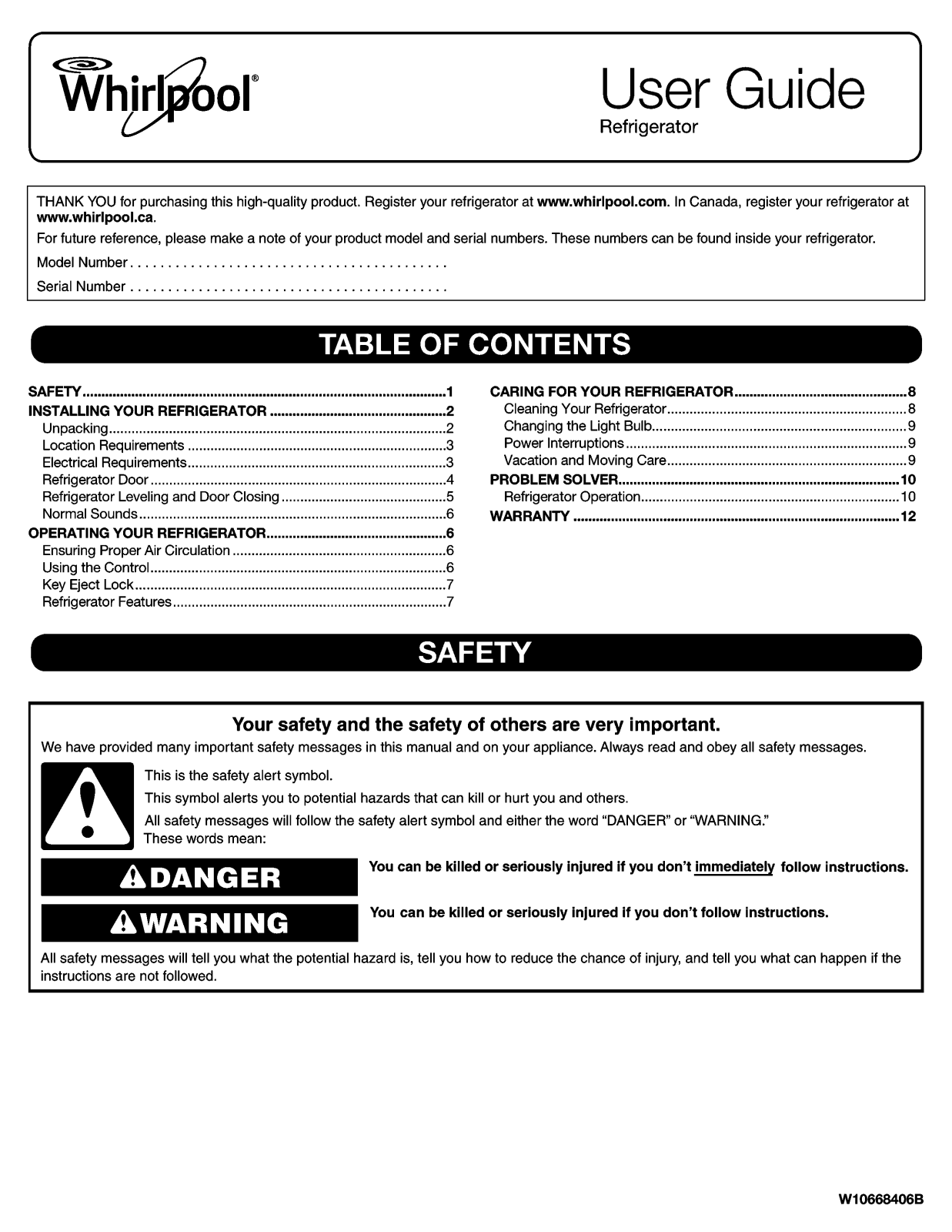 Whirlpool WRR56X18FW00, WSR57R18DM01, WSR57R18DM00, WSR57R18DH00, WRF57R18DM00 Owner’s Manual