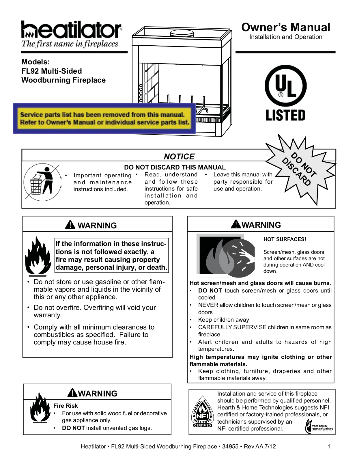 Heatilator FL92 User Manual