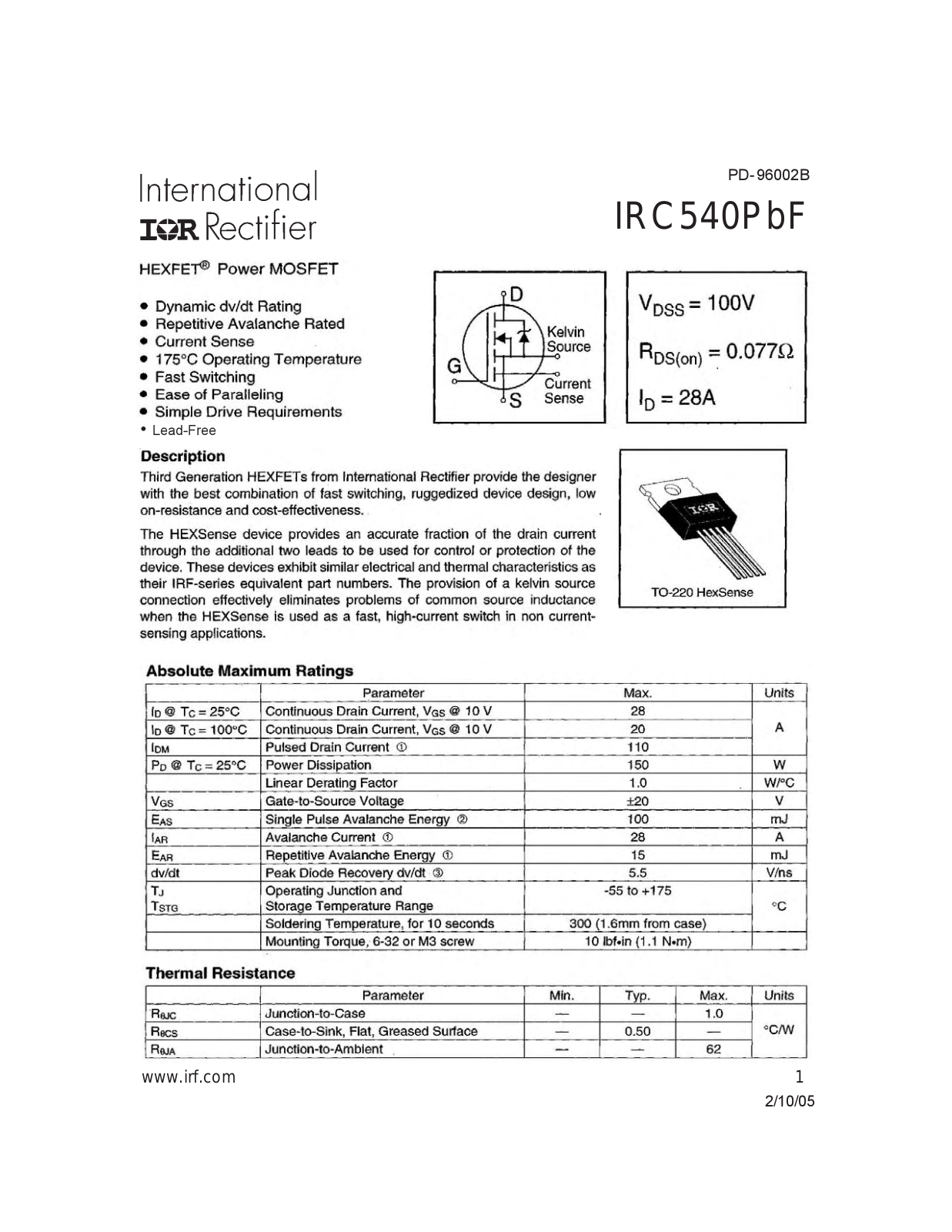 Datasheet IRC540PBF Specification - ManualMachine.com