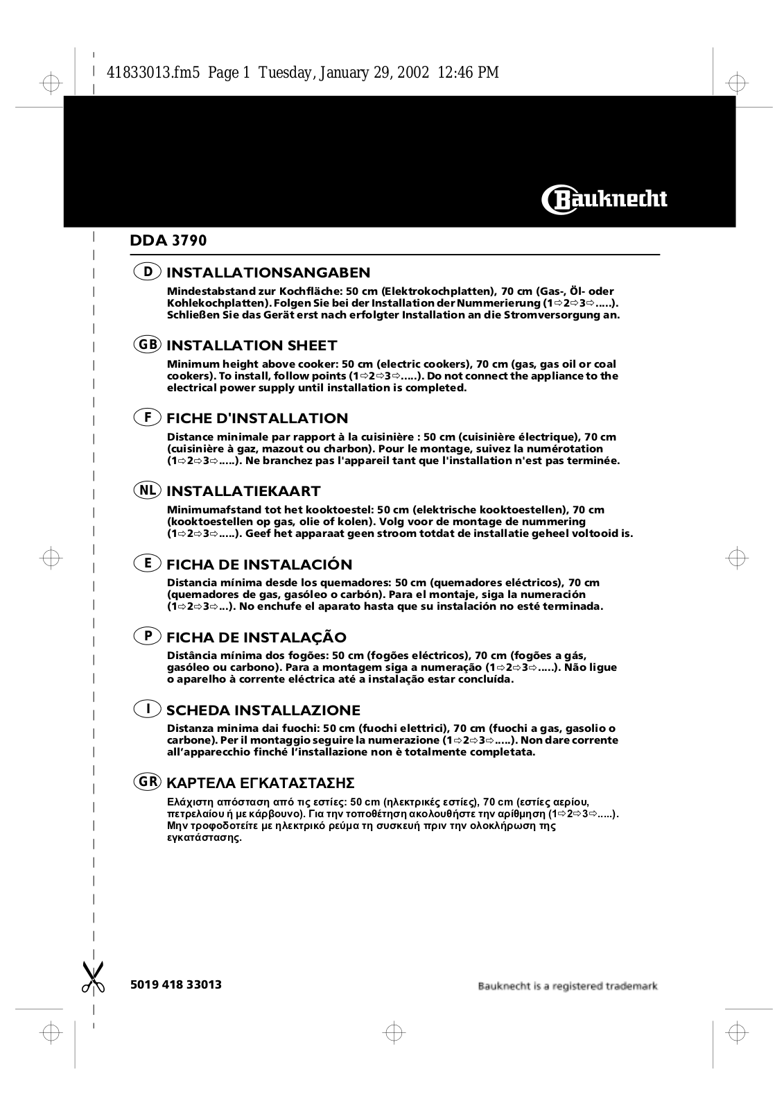 Whirlpool DDA 3790 INSTALLATION SHEET