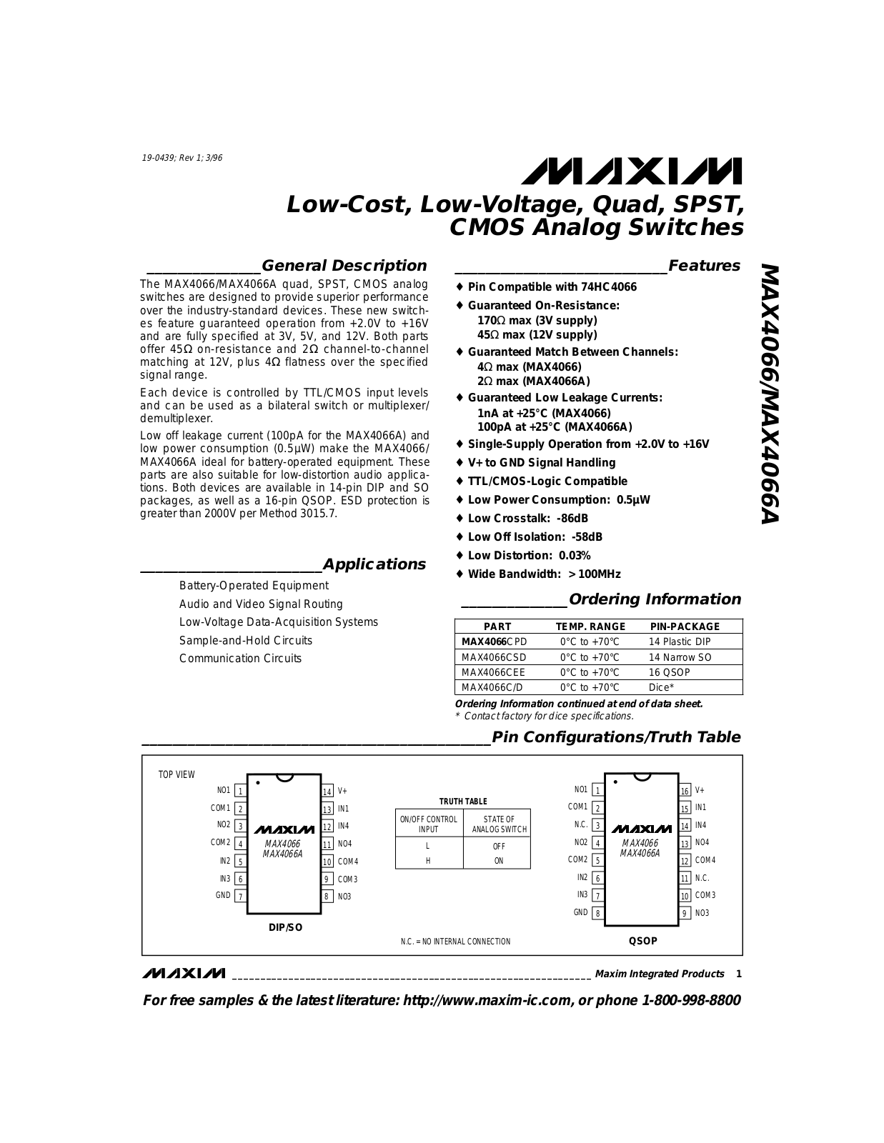 Maxim MAX4066ESD, MAX4066EPD, MAX4066CSD, MAX4066CPD, MAX4066CEE Datasheet