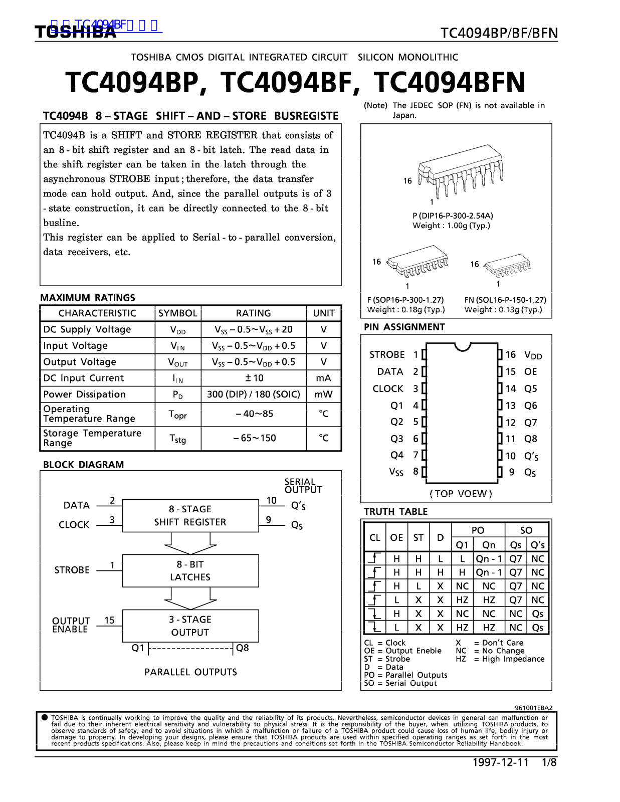 TOSHIBA TC4094BP, TC4094BF Technical data