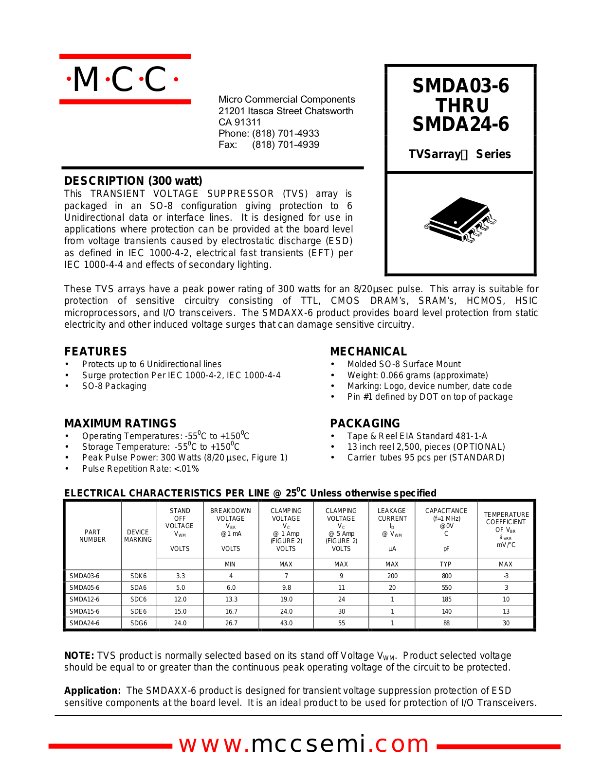 MCC SMDA05-6, SMDA03-6, SMDA24-6, SMDA15-6 Datasheet