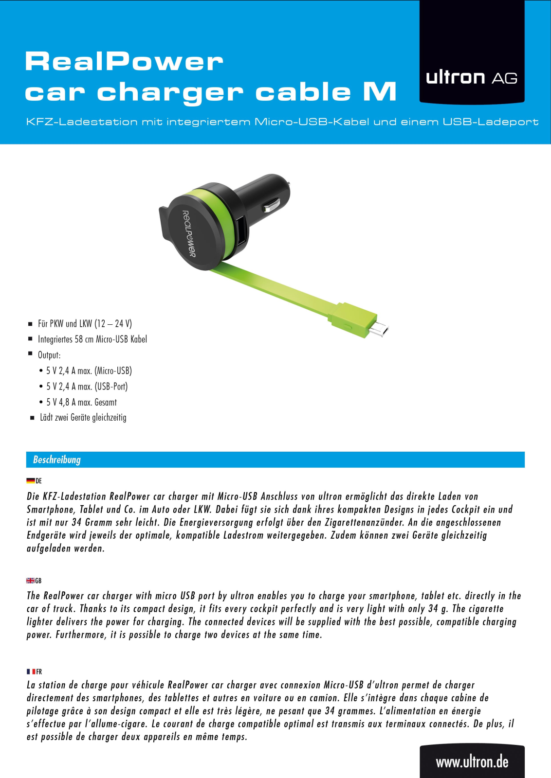 Ultron RealPower car Charger cable M User Manual