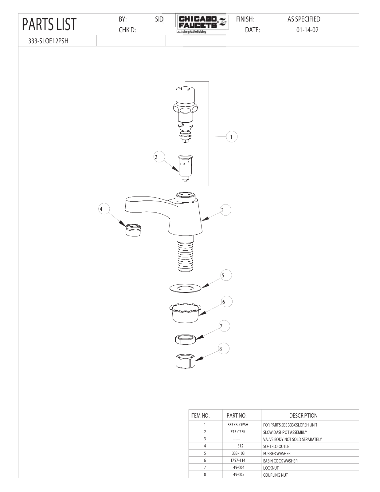 Chicago Faucet 333-SLOE12PSHCP Parts List