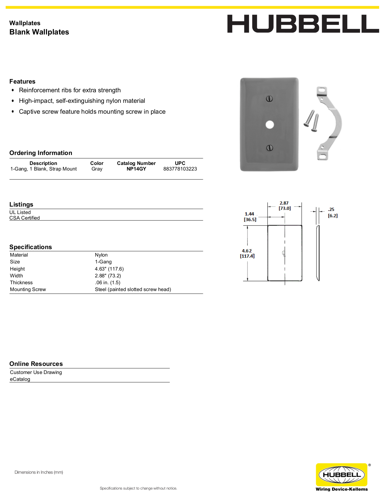 Hubbell NP14GY Specifications