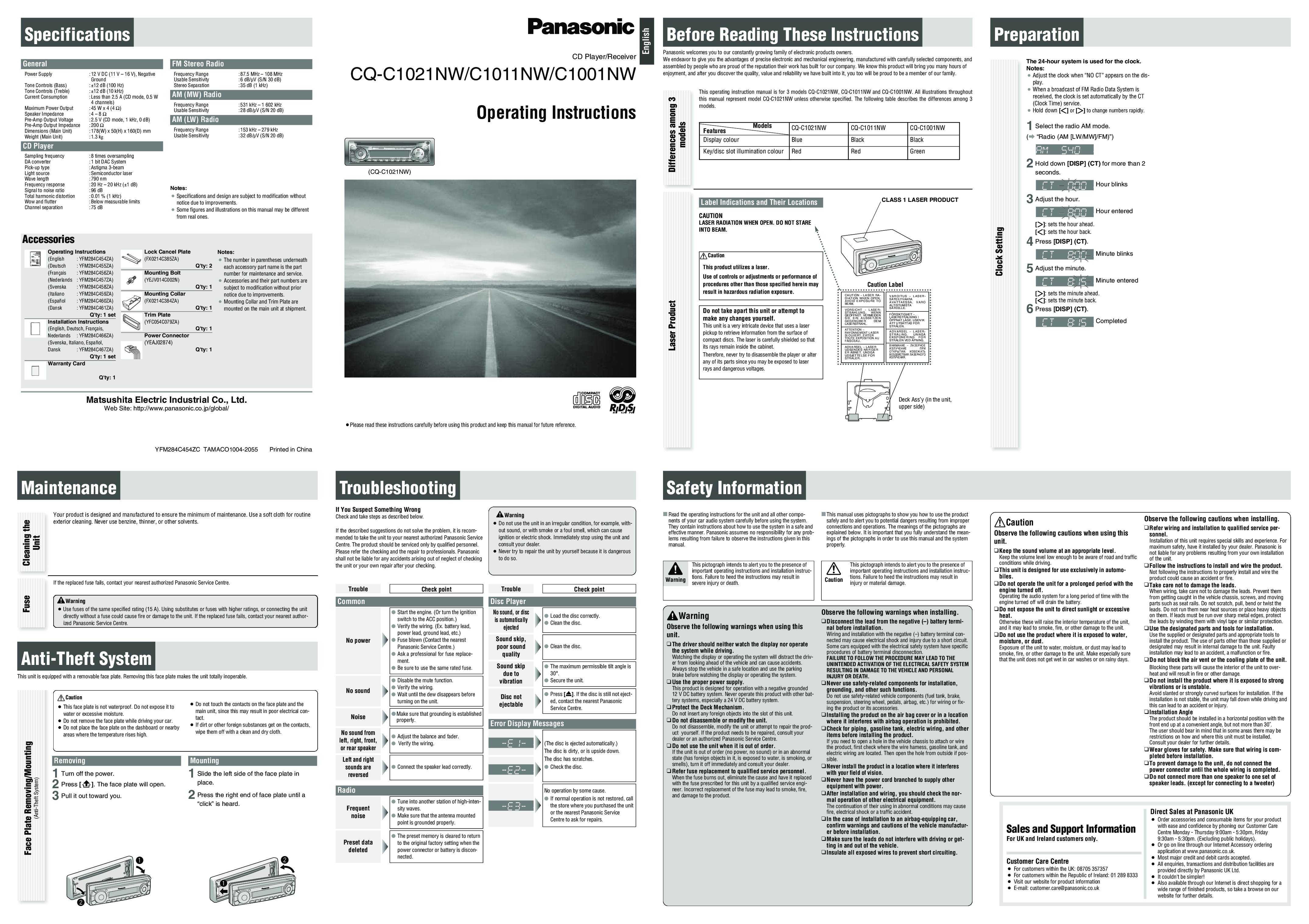 Panasonic CQ-C1011NW, CQ-C1001NW, CQ-C1021NW User Manual