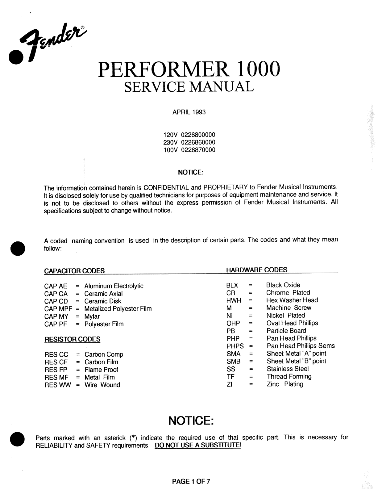 Fender Performer-1000-SM Service Manual
