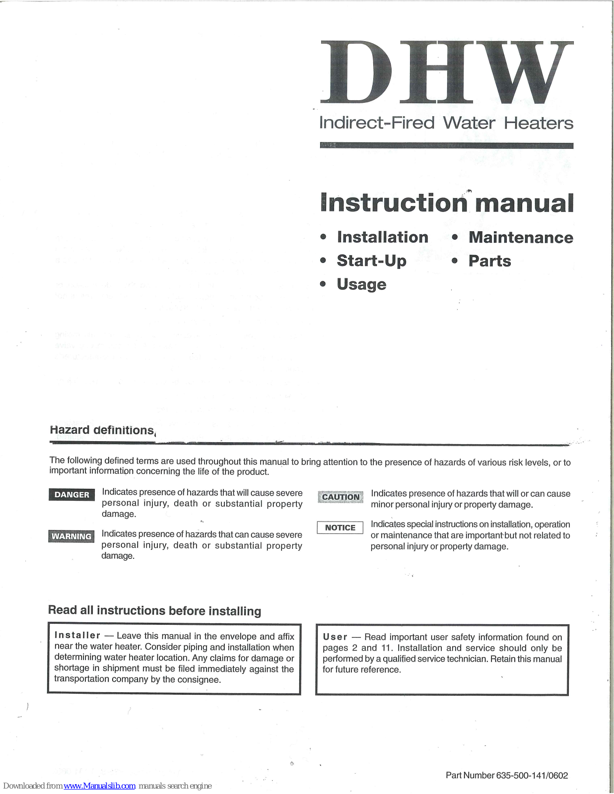 W T Manufacturing DHW 36, DHW 46, DHW 56 Instruction Manual