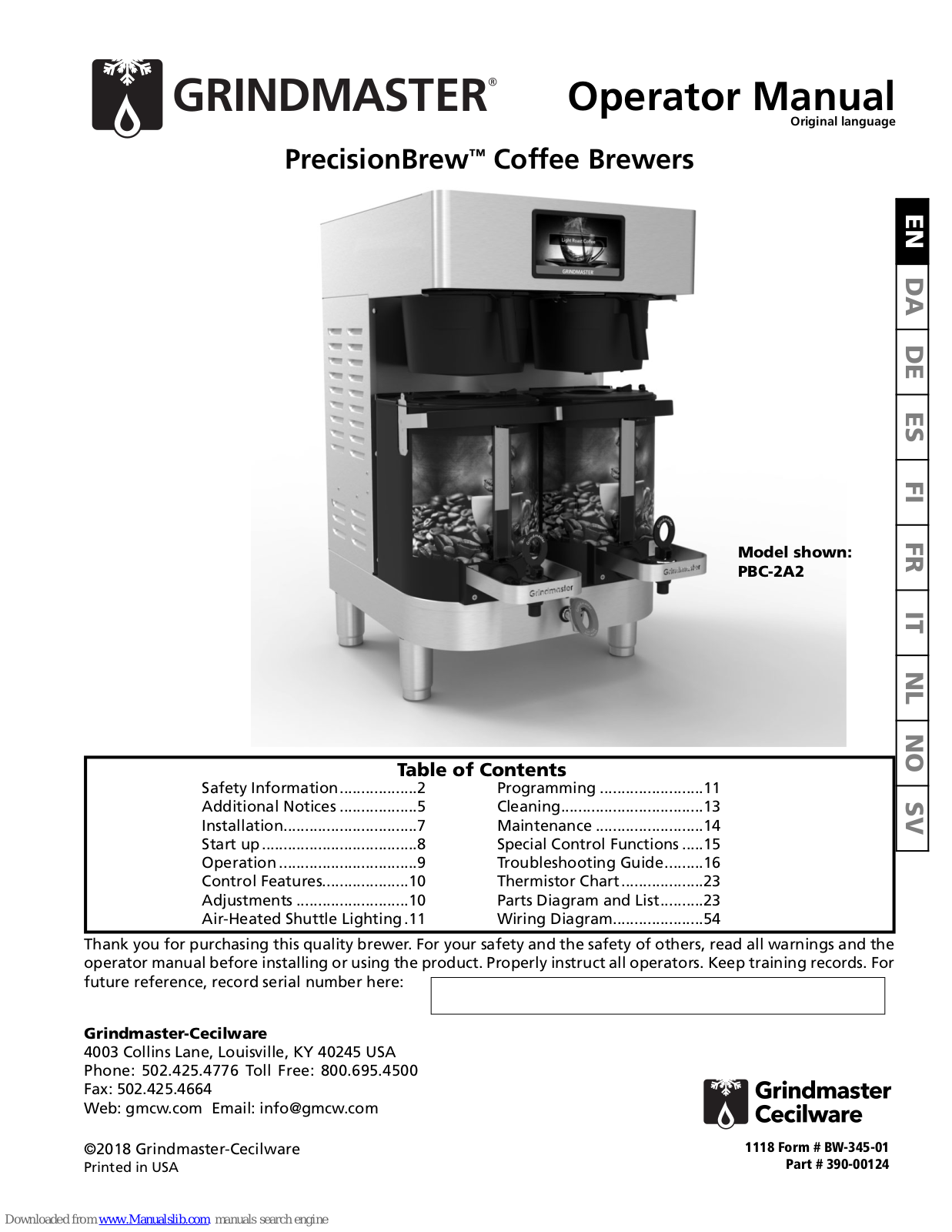 Grindmaster Cecilware PrecisionBrew PBC-2A2 Operator's Manual