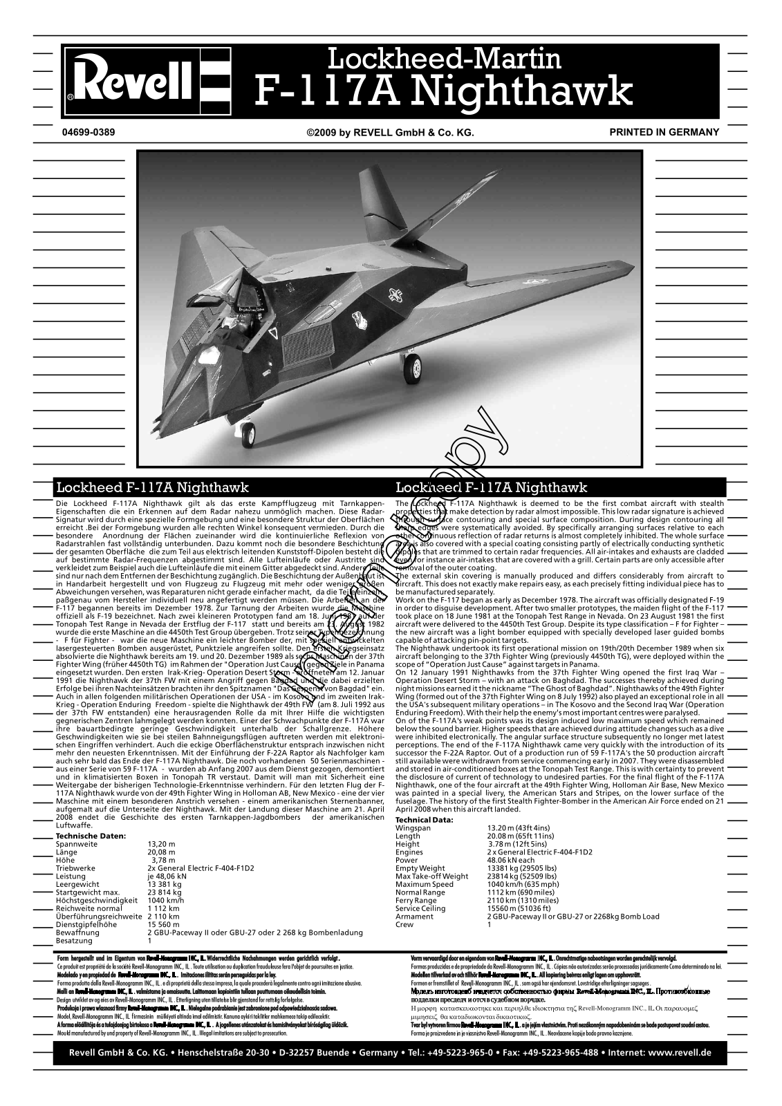 REVELL Lockheed F-117A Nighthawk User Manual