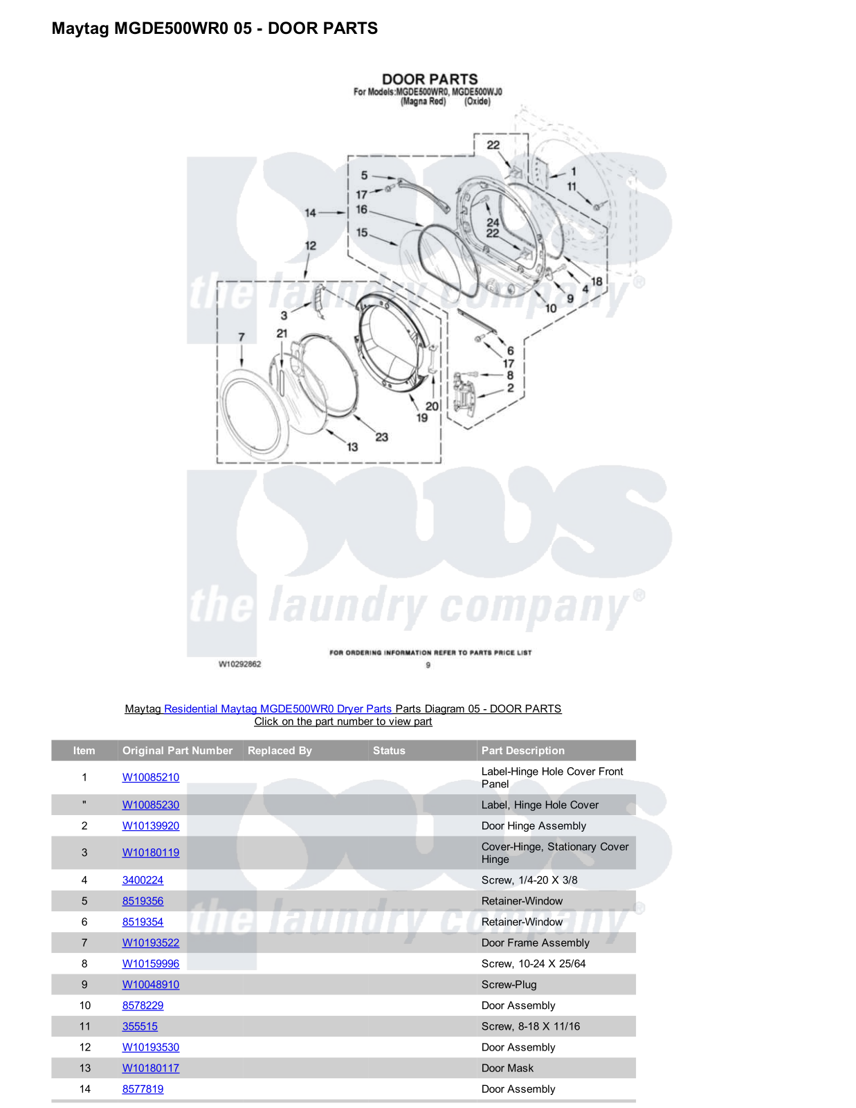 Maytag MGDE500WR0 Parts Diagram