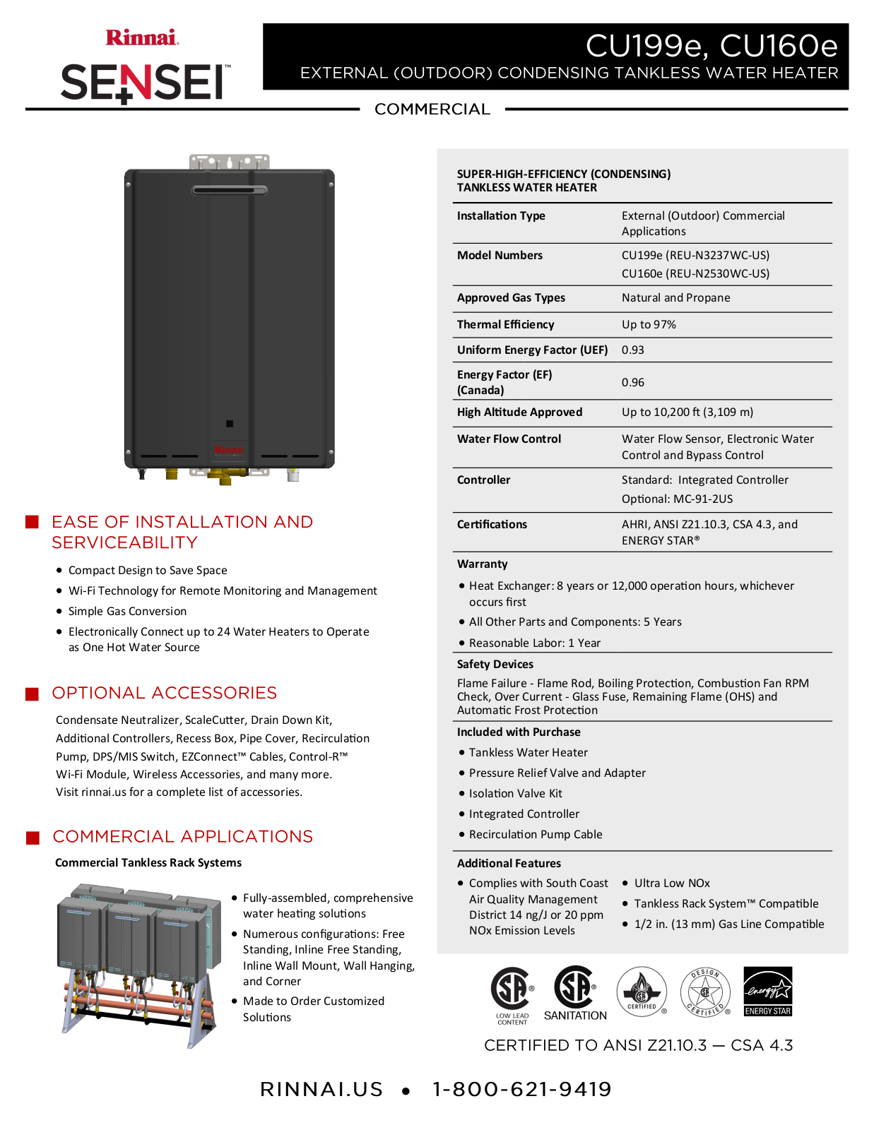 Rinnai Water Heater CU160eN Specifications