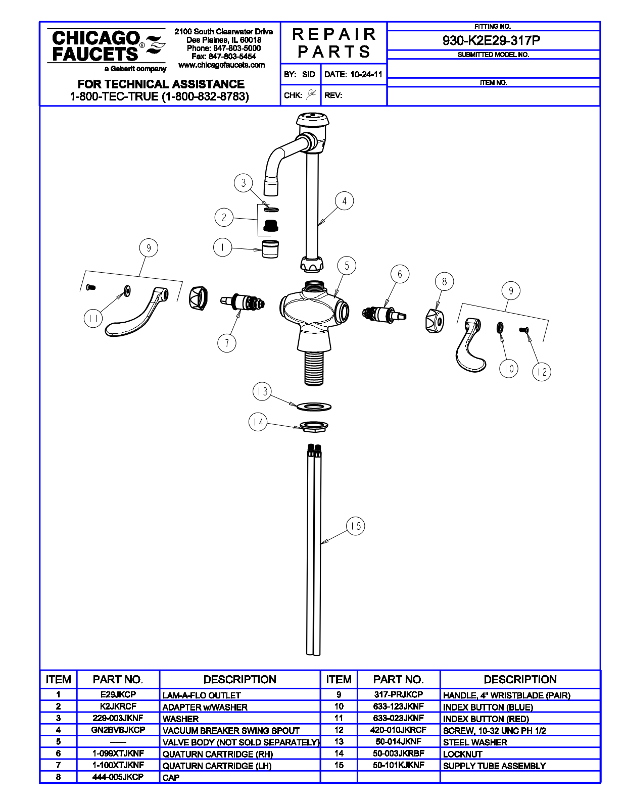 Chicago Faucet 930-K2E29-317 Parts List