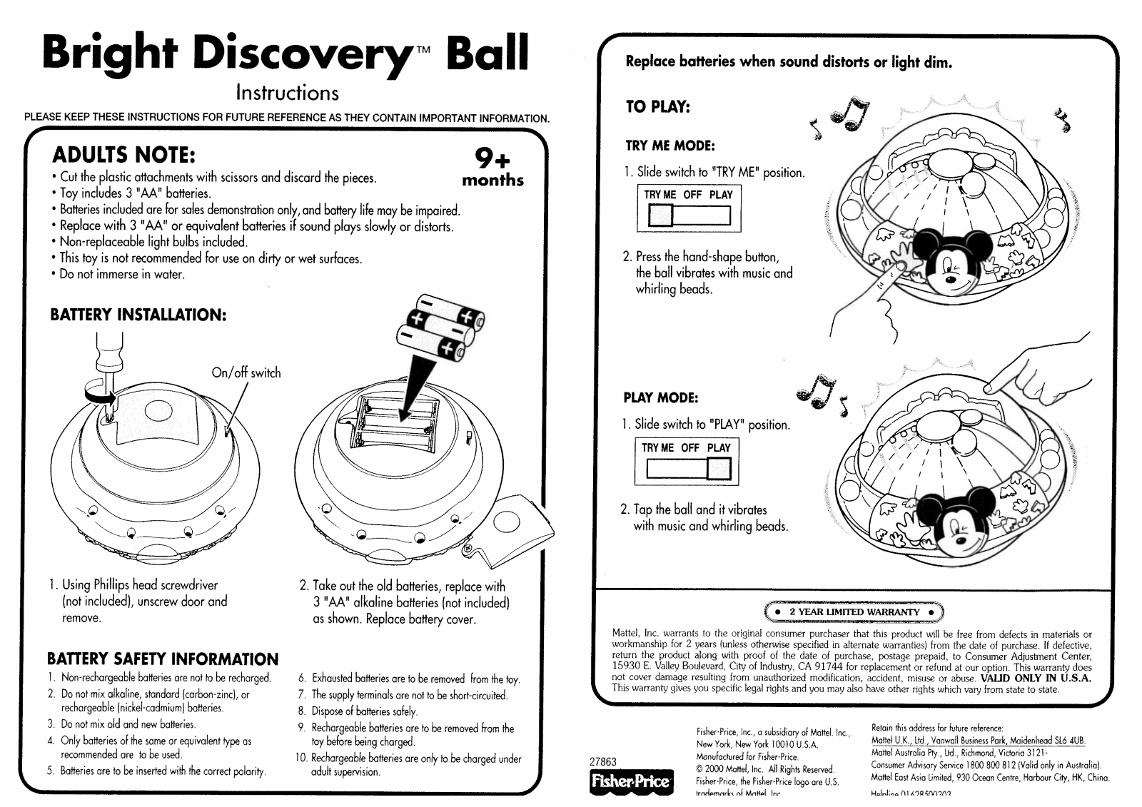 Fisher-Price 27863 Instruction Sheet