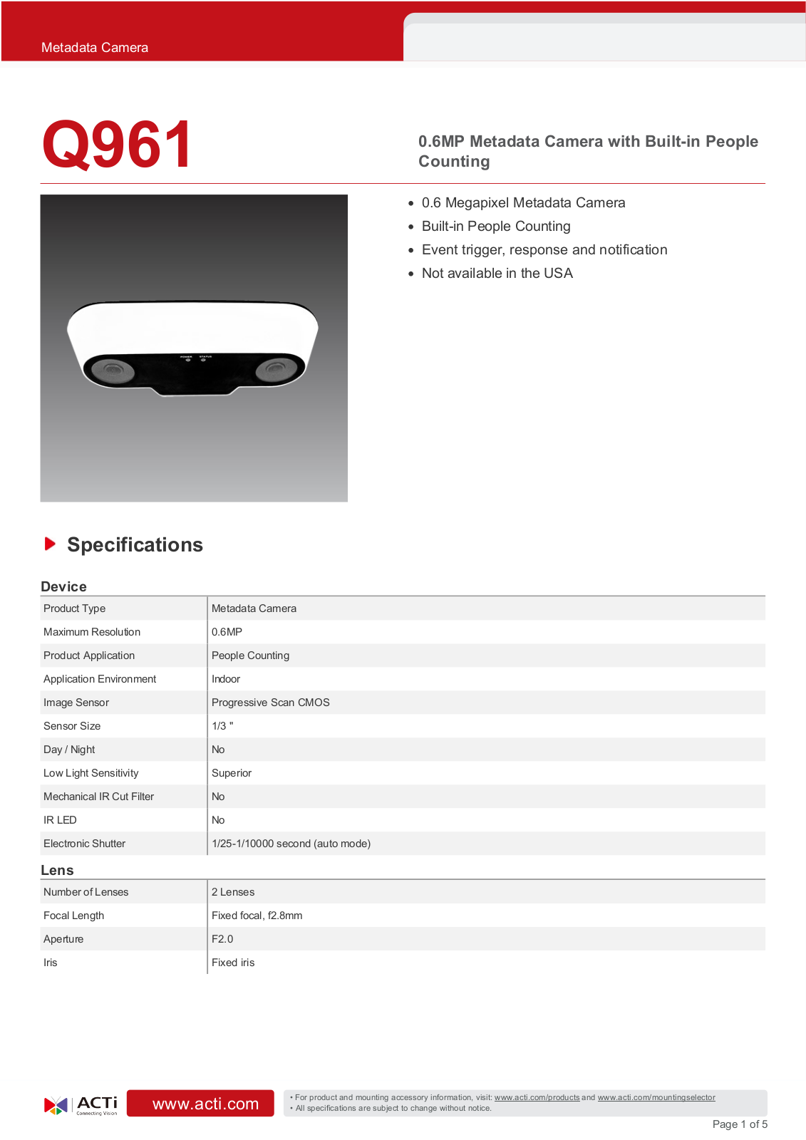 ACTi Q961 Specsheet