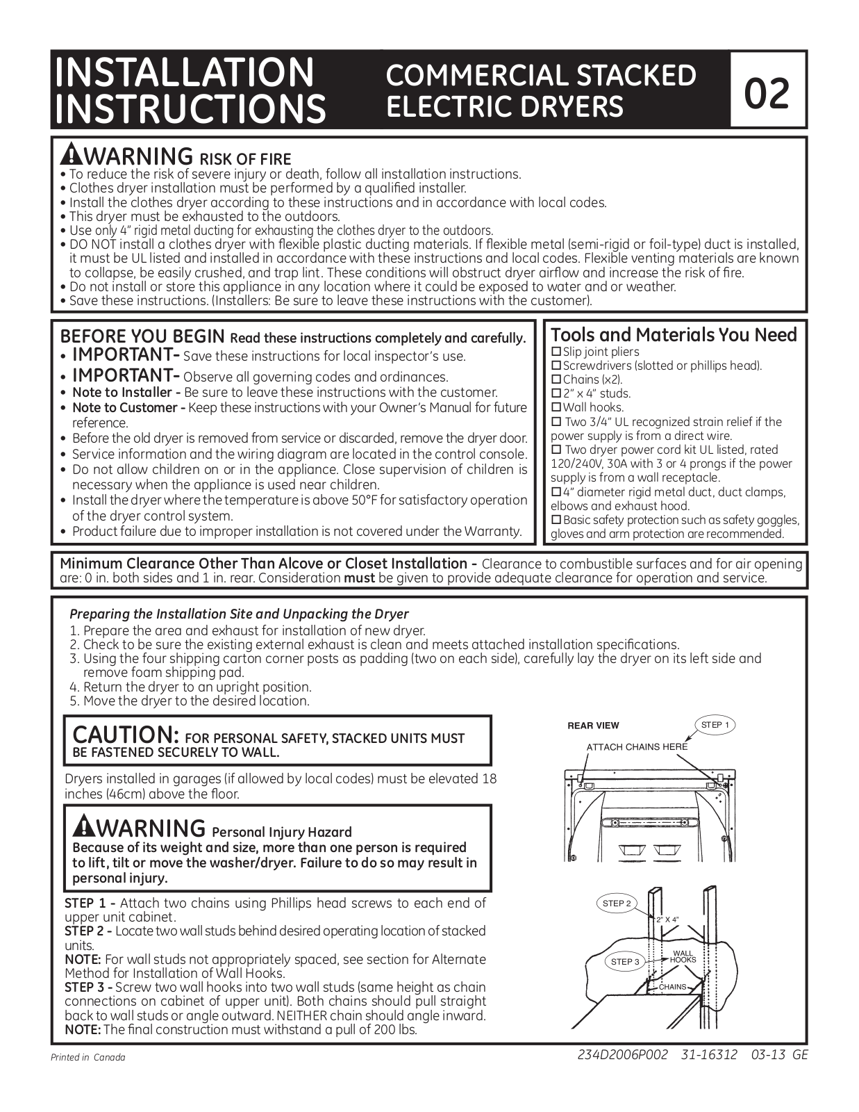 GE COMMERCIAL STACKED ELECTRIC DRYERS Installation Instructions