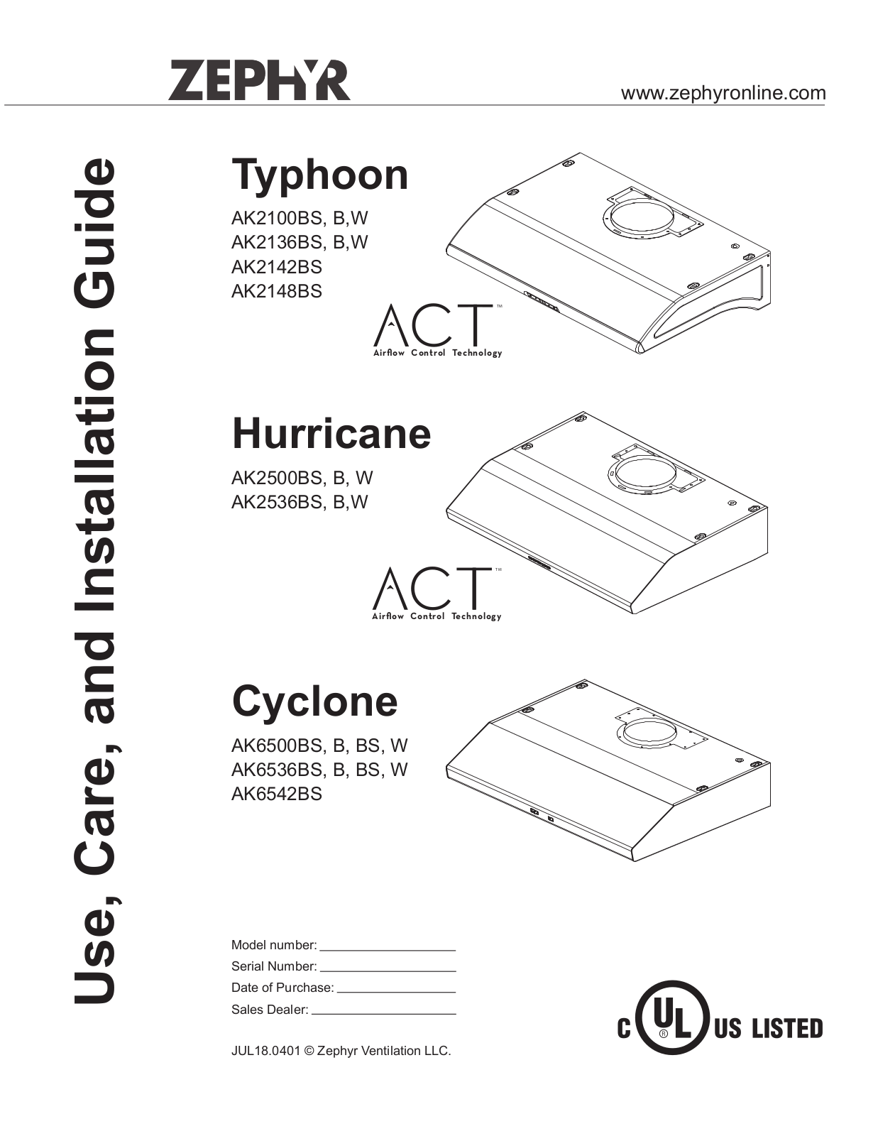 Zephyr AK6536BBS, AK2500BW, AK2148BS, AK2536BS, AK6500BBS User Manual