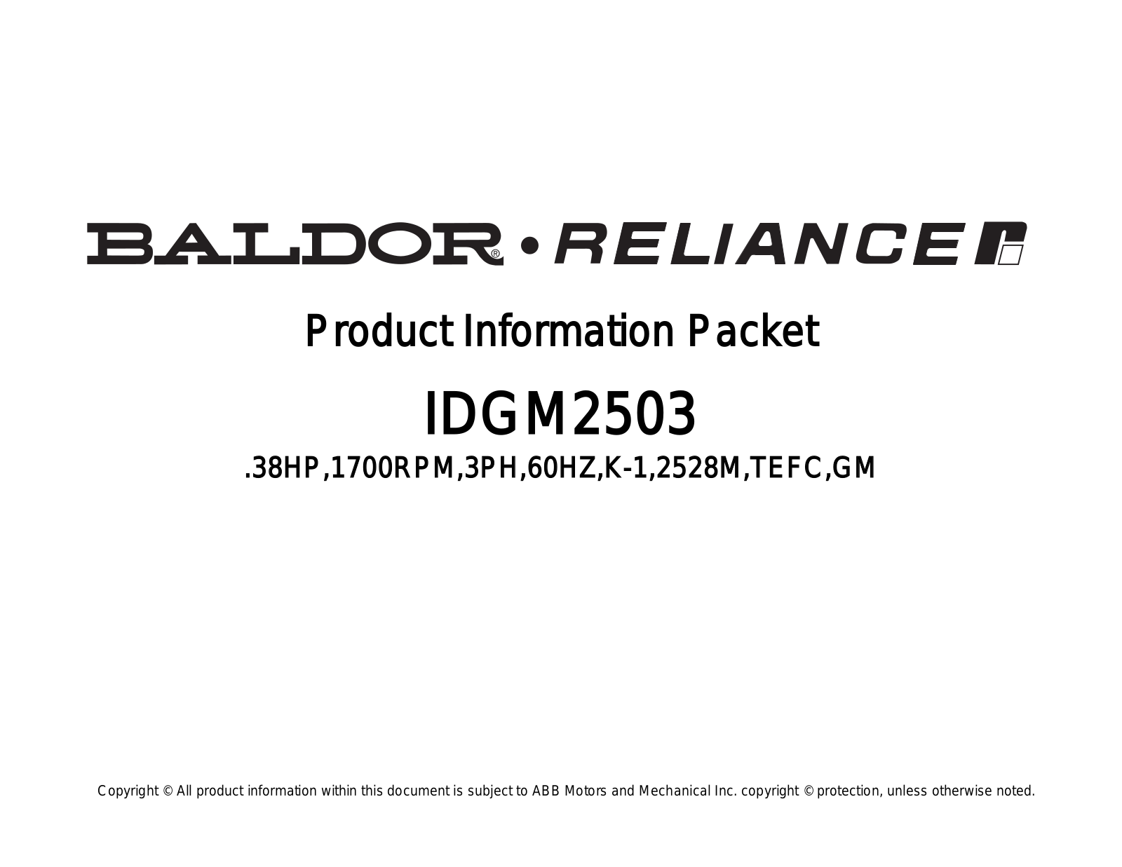 Baldor IDGM2503 Product Information Sheet