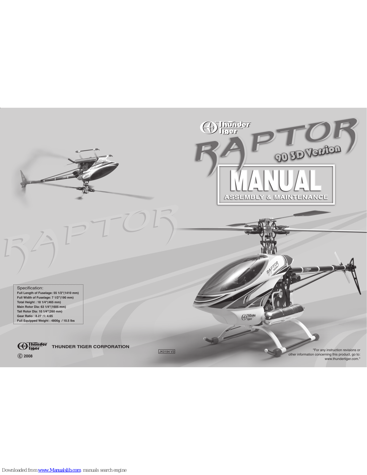 THUNDER TIGER Raptor 90 3D Assembly And Maintenance Manual