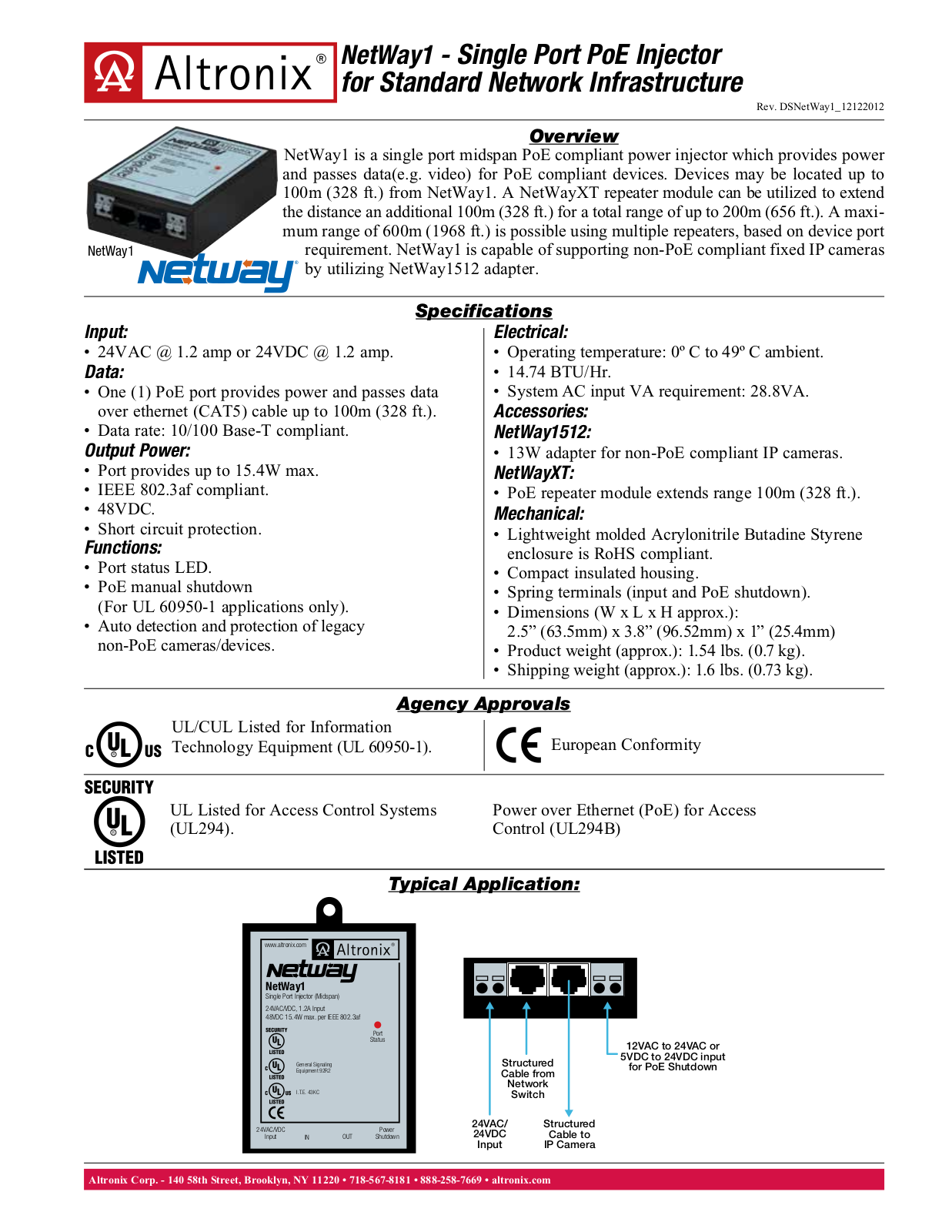 Altronix NetWay1 Data Sheet