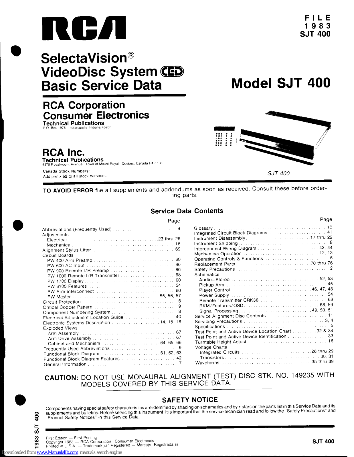 RCA SelectVision SJT 400 Service Manual