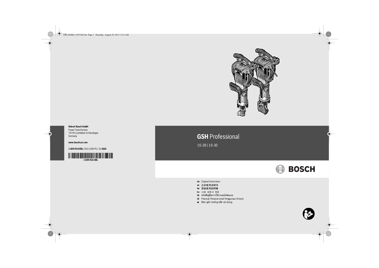 Bosch GSH 16-28 Professional, GSH 16-30 Professional Original Instructions Manual