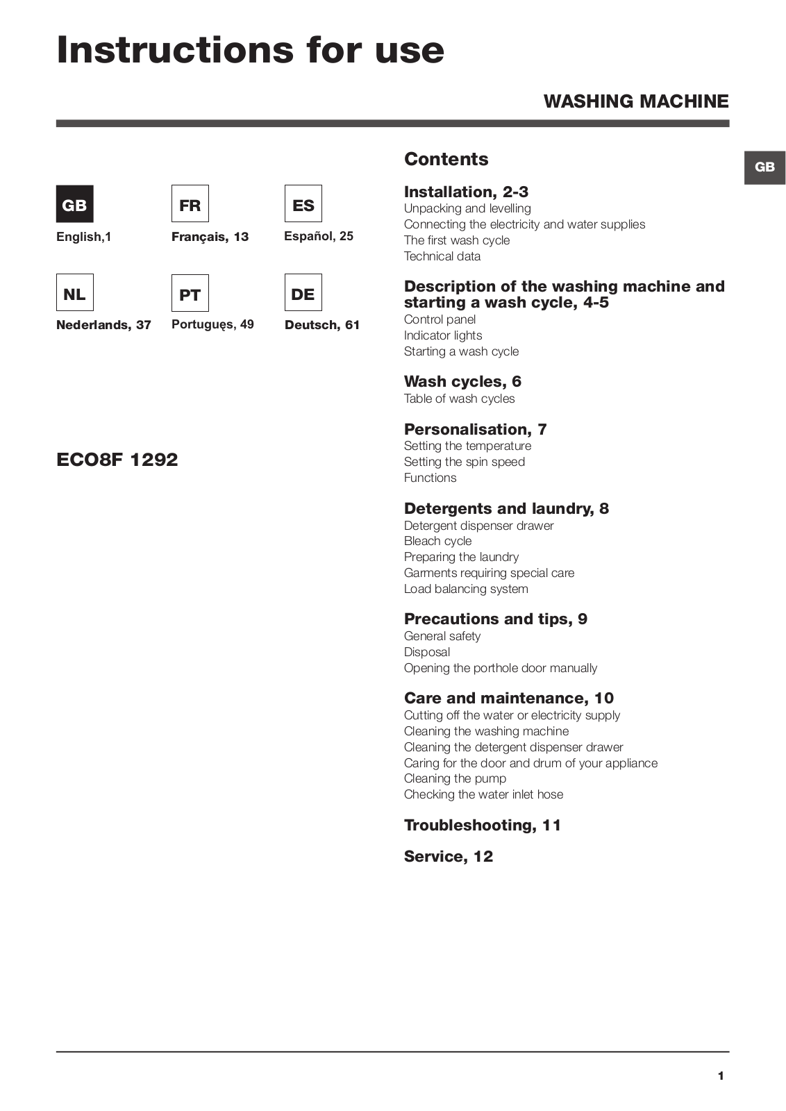 HOTPOINT ECO8F 1292 User Manual