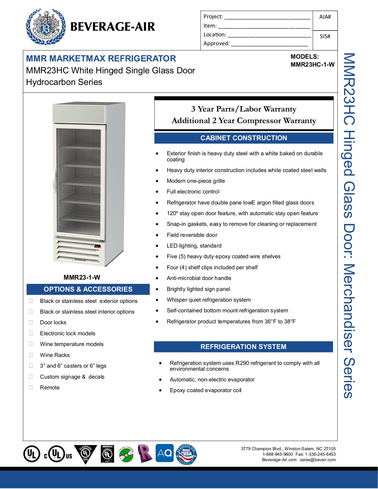 Beverage-Air MMR23HC1W Specifications