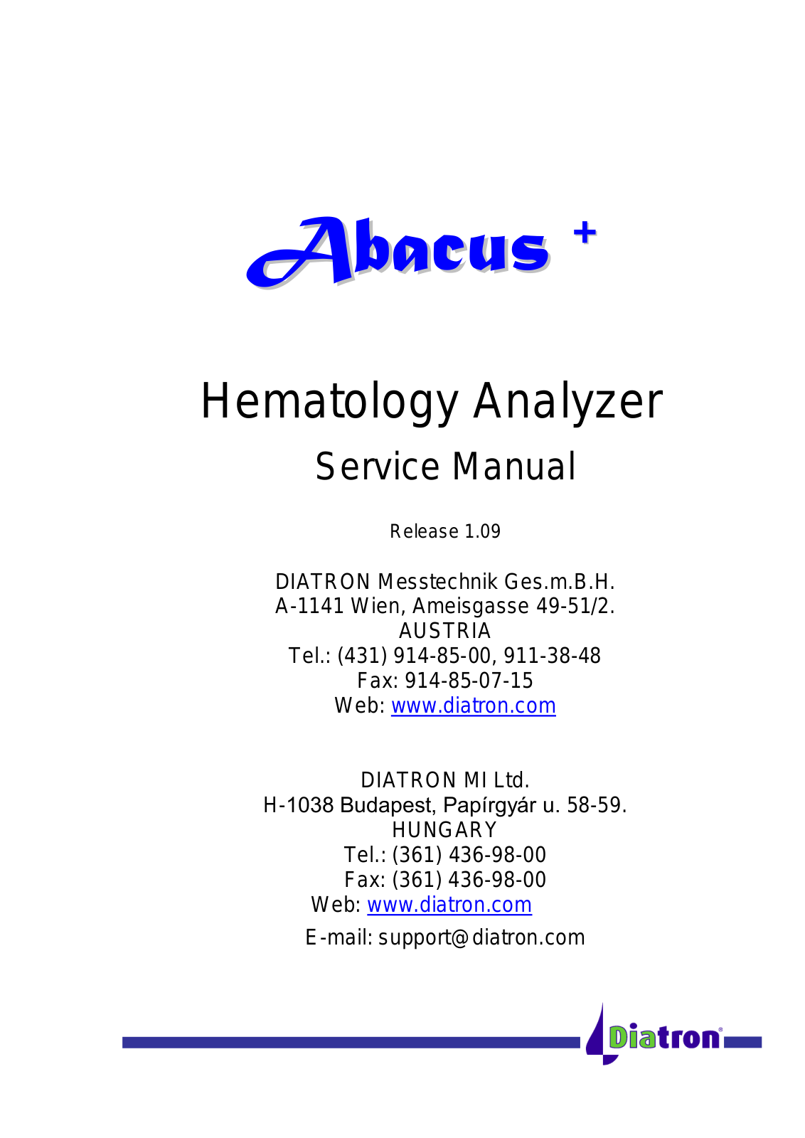 Abacus Plus Hematology Analyzer Service manual