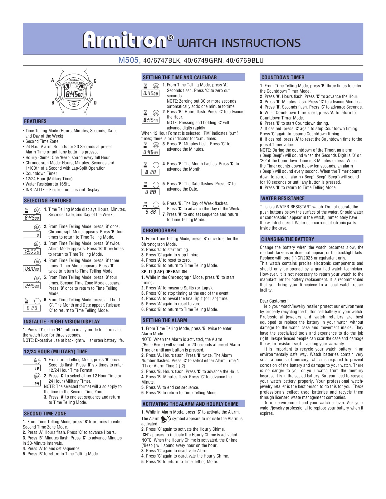 Armitron 406623BLK, Wr 165, 40-8095SIL, 40-6749GRN, M505 User Manual