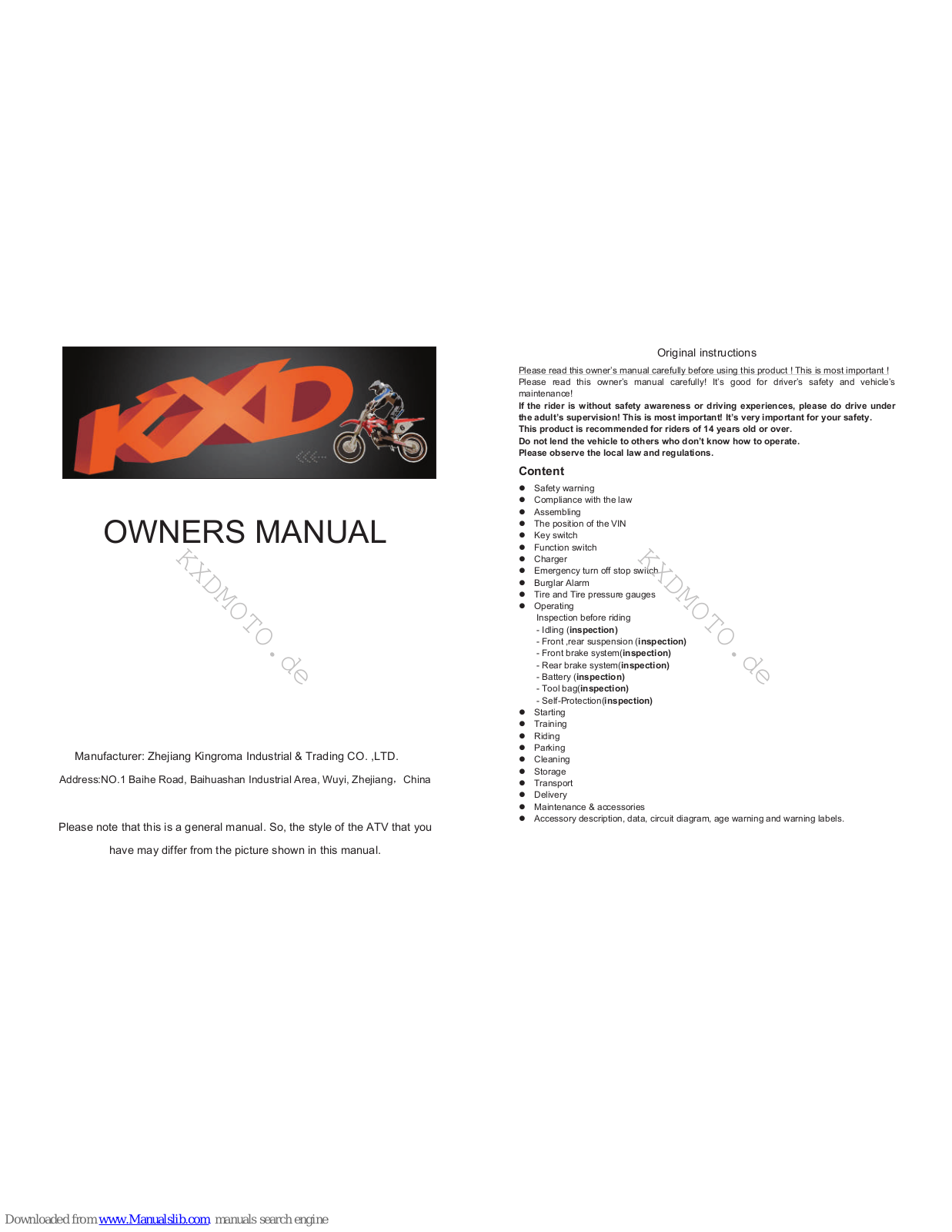 KXD KXD-ATV-006E, KXD-ATV-9E, KXD-ATV-7E, KXD-ATV-6A Owner's Manual