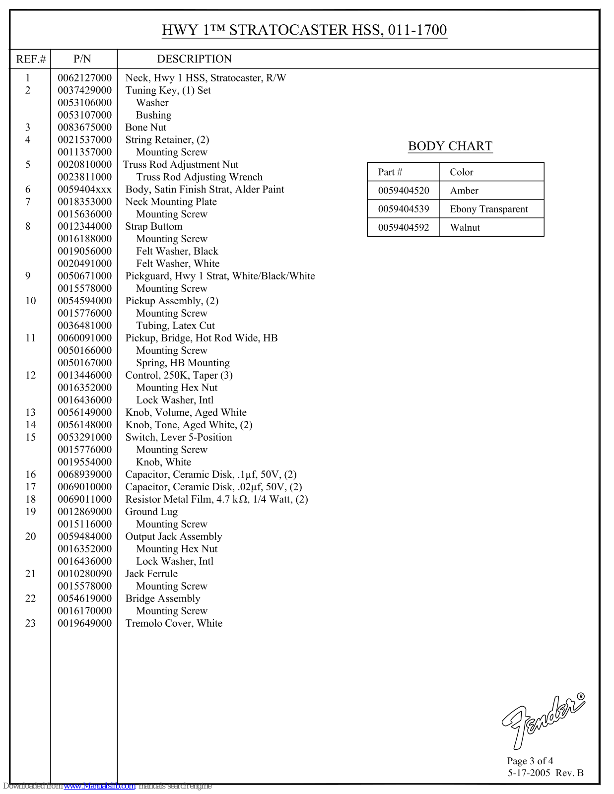 Fender Highway One Stratocaster HSS, 011-1700 Parts List